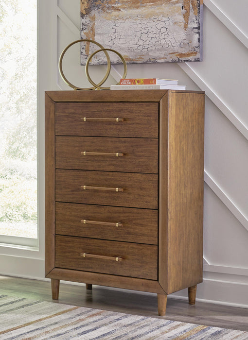 Lyncott Queen Upholstered Panel Bed, Dresser, Mirror, Chest and Nightstand