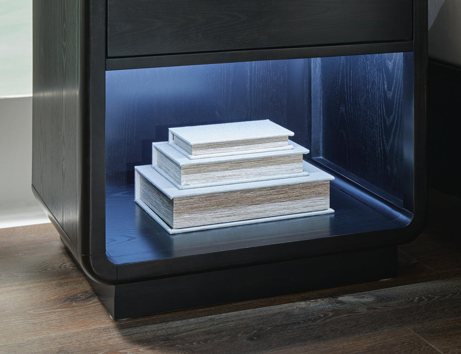 Rowanbeck California King Upholstered Panel Bed, Dresser, Mirror, Chest and Nightstand