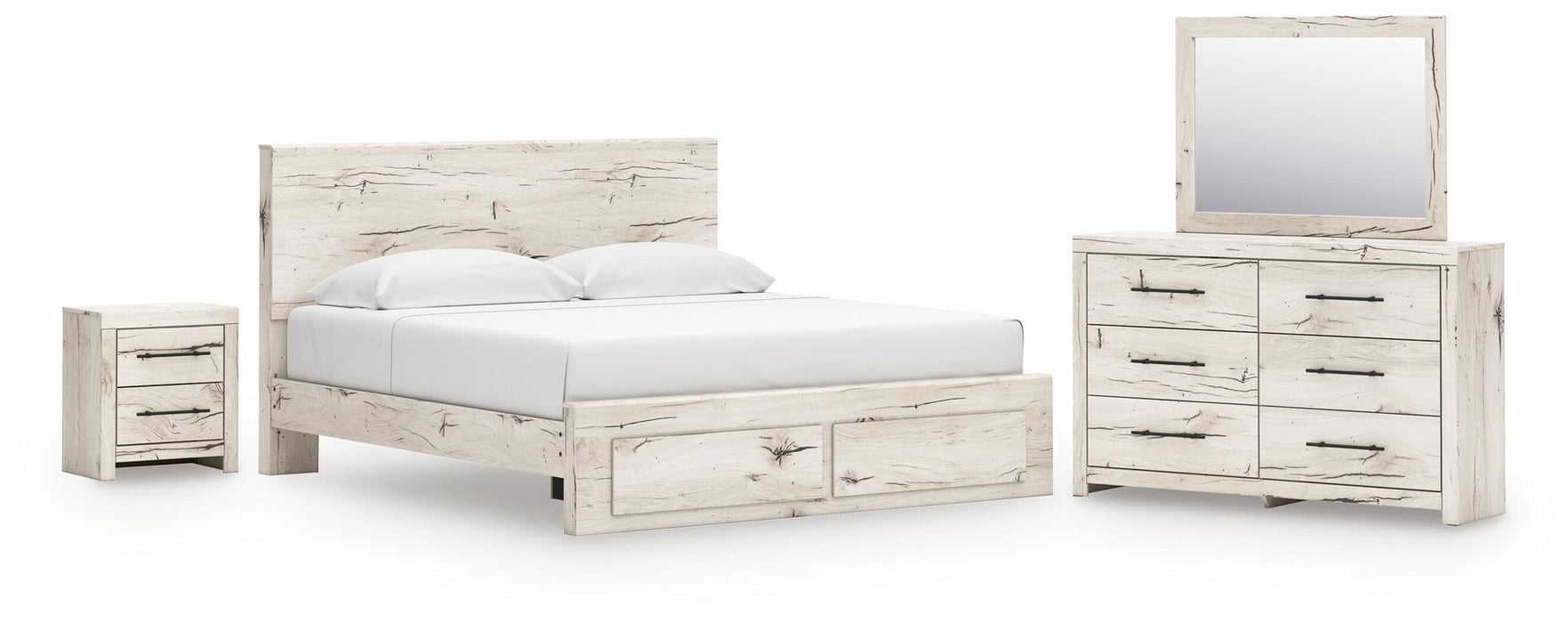 Lawroy King Panel Storage Bed, Dresser, Mirror and Nightstand