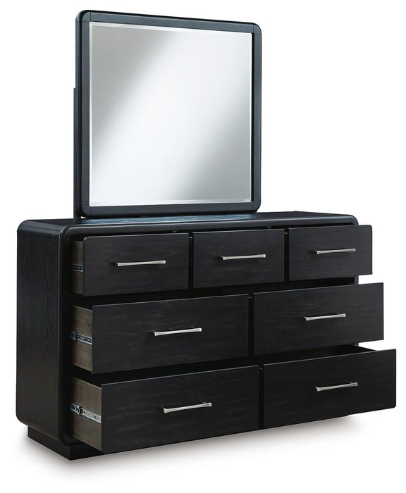 Rowanbeck California King Upholstered Panel Bed, Dresser, Mirror and Nightstand