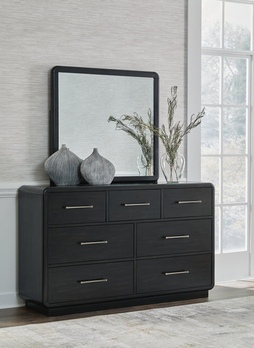 Rowanbeck California King Upholstered Panel Bed, Dresser, Mirror and Nightstand