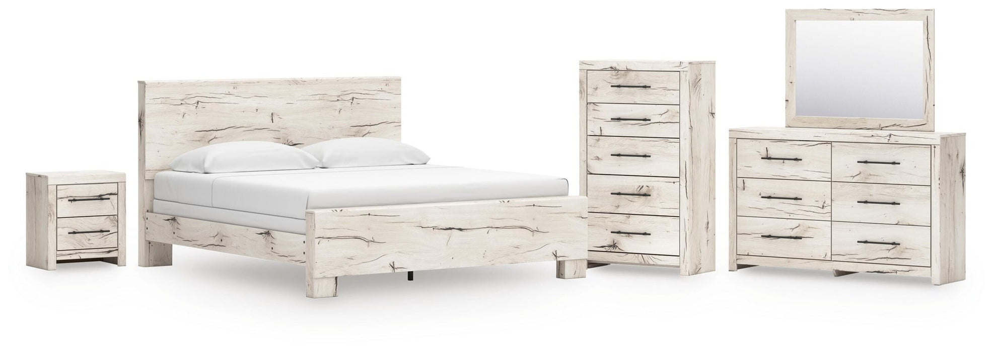 Lawroy King Panel Bed, Dresser, Mirror, Chest and Nightstand