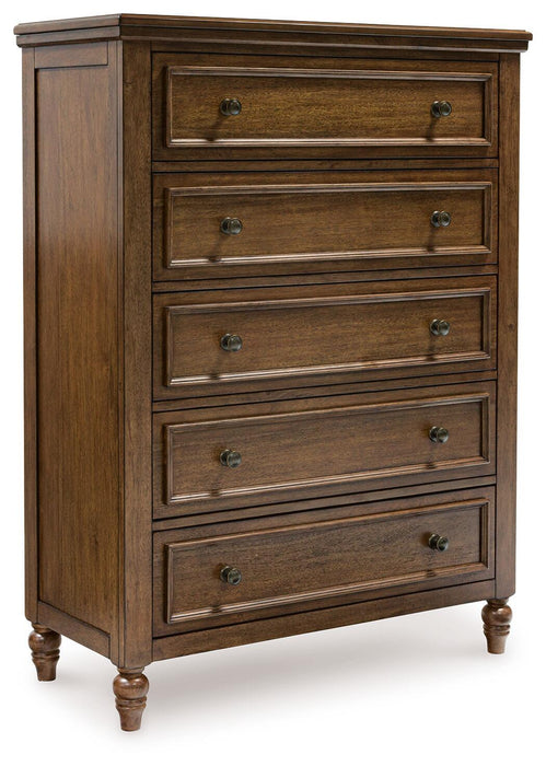 Sturlayne King Upholstered Panel Bed, Dresser, Mirror, Chest and Nightstand