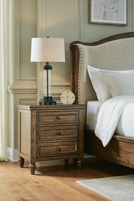 Sturlayne King Upholstered Panel Bed, Dresser, Mirror, Chest and Nightstand