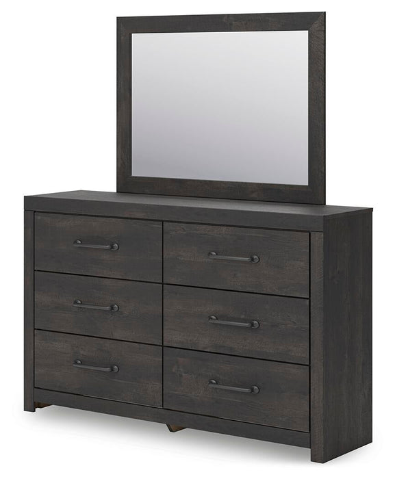 Delmorta Full Panel Bed with Storage, Dresser and Mirror