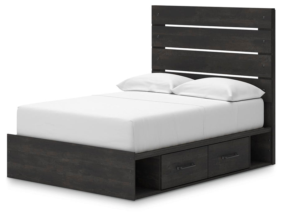 Delmorta Full Panel Bed with Storage, Dresser and Mirror