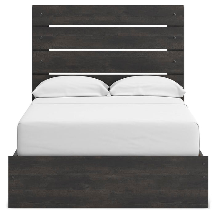 Delmorta Full Panel Bed with Storage, Dresser, Mirror and Nightstand