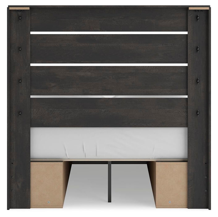 Delmorta Full Panel Bed with Storage, Dresser, Mirror and Nightstand