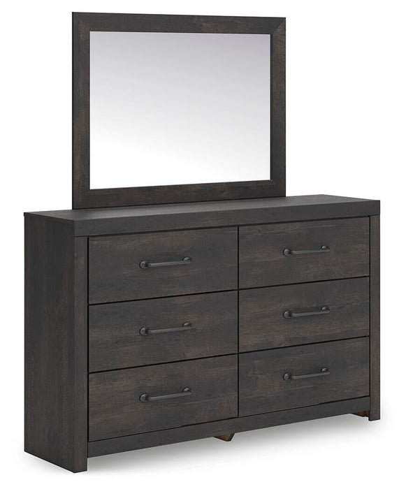 Delmorta Full Panel Bed with Storage, Dresser, Mirror, Chest and Nightstand