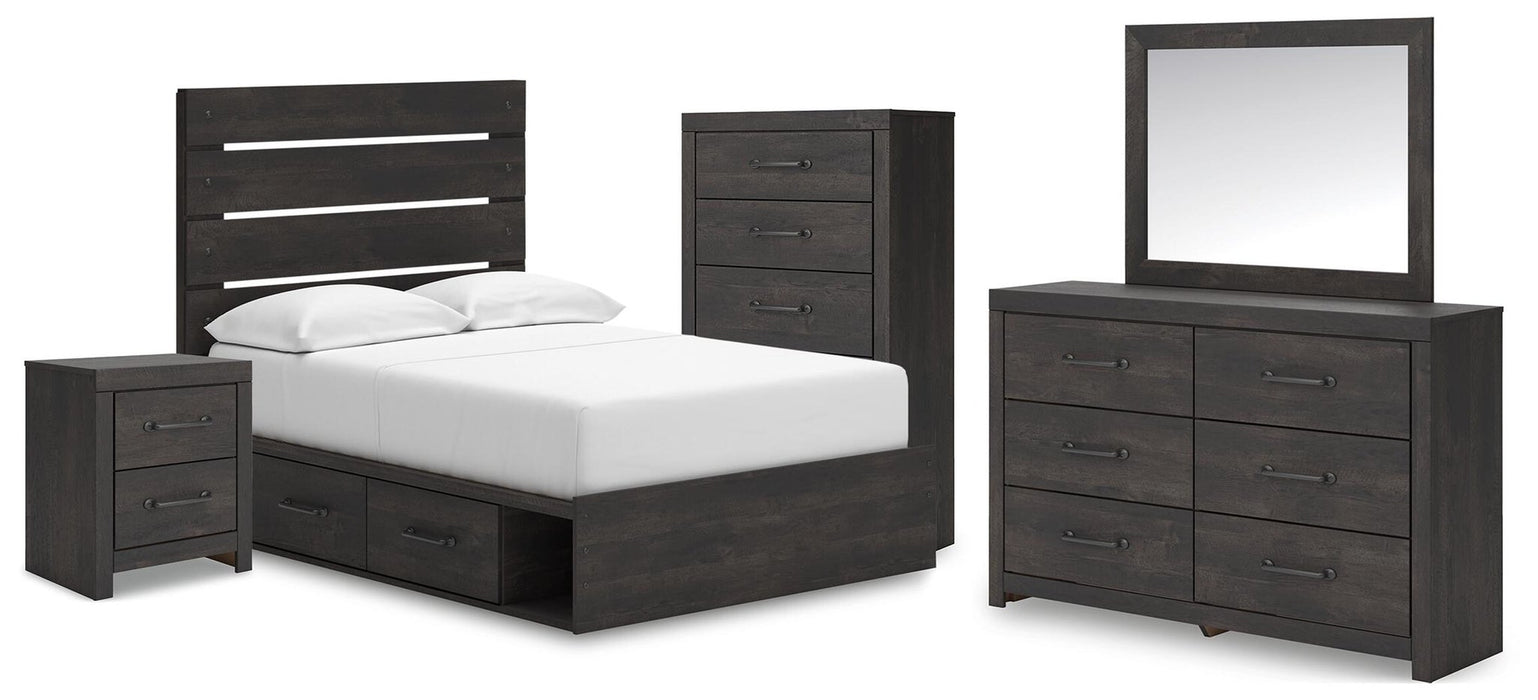 Delmorta Full Panel Bed with Storage, Dresser, Mirror, Chest and Nightstand