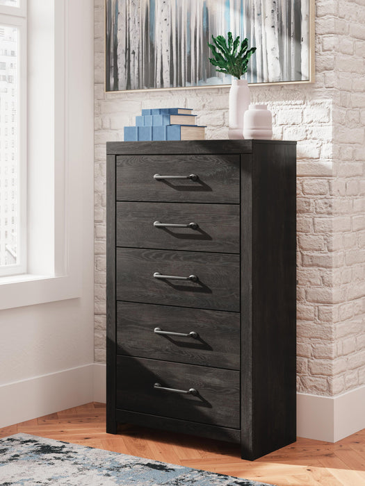 Delmorta Full Panel Bed with Storage, Dresser, Mirror, Chest and Nightstand
