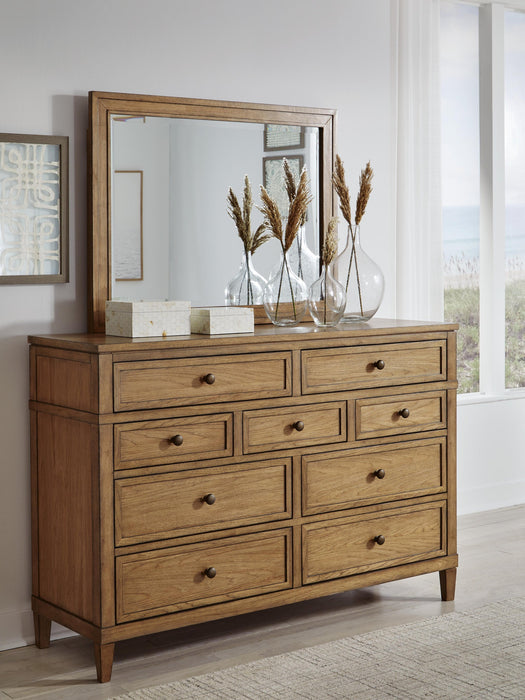Sharlance California King Upholstered Panel Bed, Dresser and Mirror