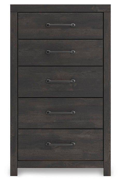 Delmorta Queen Panel Bed, Dresser, Mirror, Chest and Nightstand