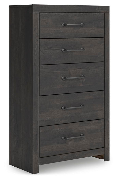 Delmorta Queen Panel Bed, Dresser, Mirror, Chest and Nightstand