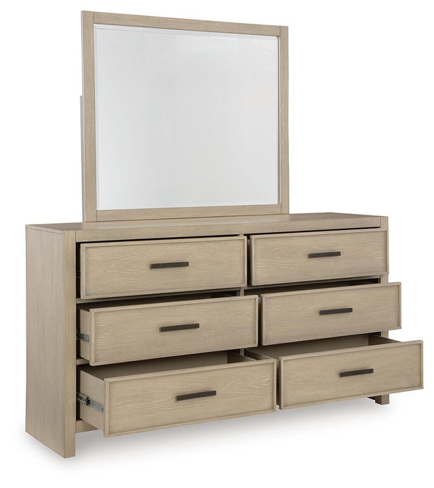Calmoro King Bookcase Bed with Mirrored Dresser and Nightstand