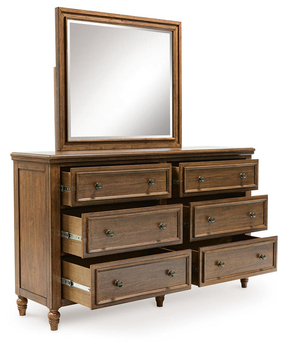Sturlayne Queen Upholstered Panel Bed, Dresser, Mirror and Nightstand