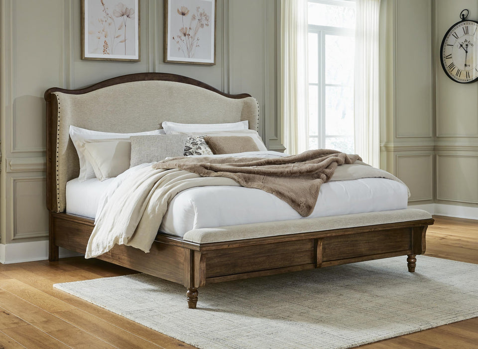 Sturlayne Queen Upholstered Panel Bed, Dresser, Mirror and Nightstand