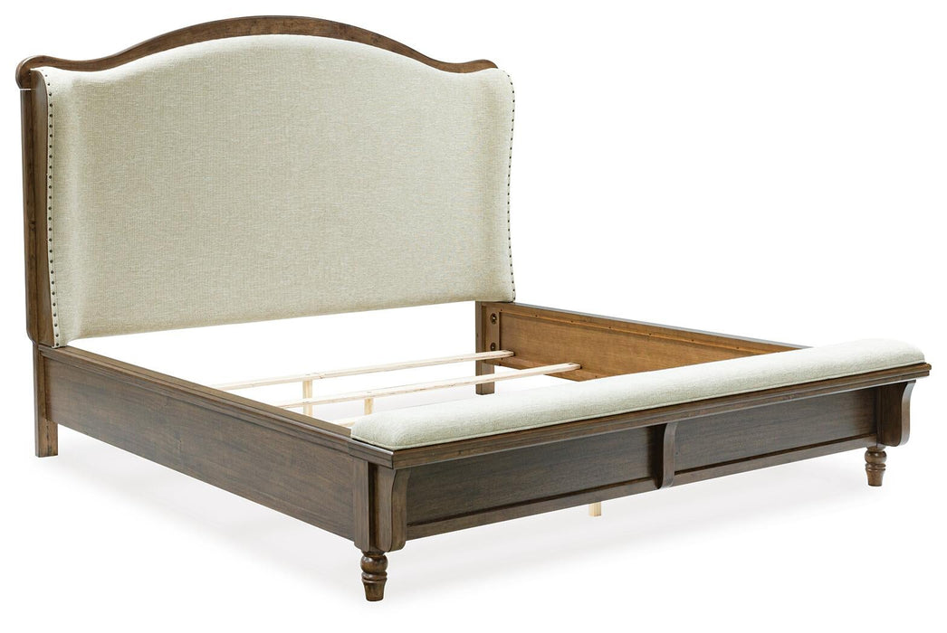 Sturlayne California King Upholstered Panel Bed, Dresser, Mirror, Chest and Nightstand