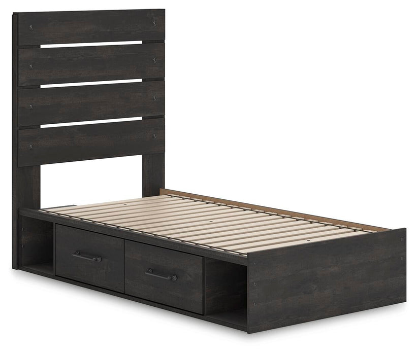 Delmorta Twin Panel Storage Bed, Dresser, Mirror and Nightstand