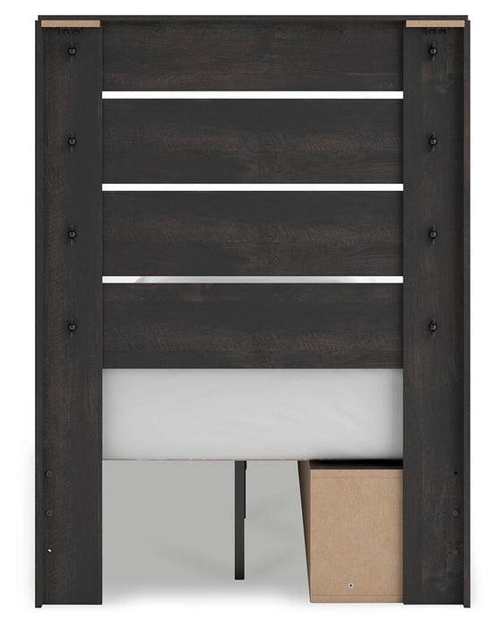 Delmorta Twin Panel Storage Bed, Dresser and Mirror