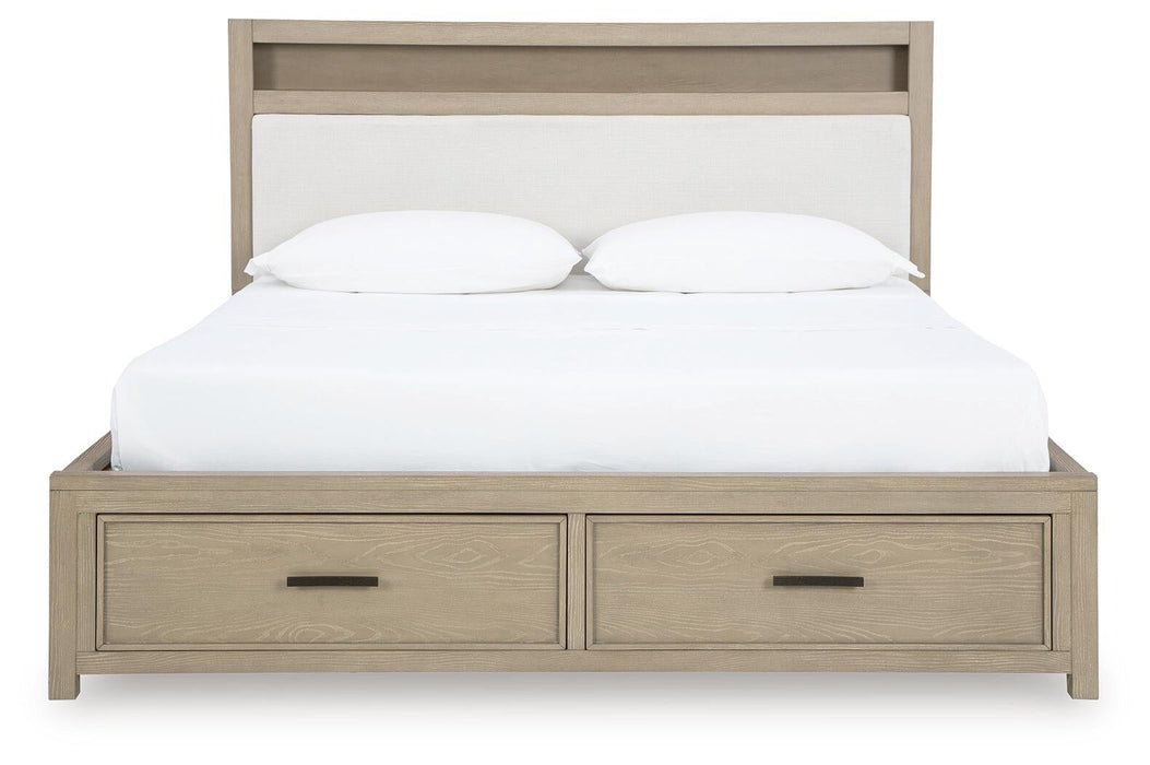 Calmoro California King Bookcase Bed with Mirrored Dresser and Nightstand