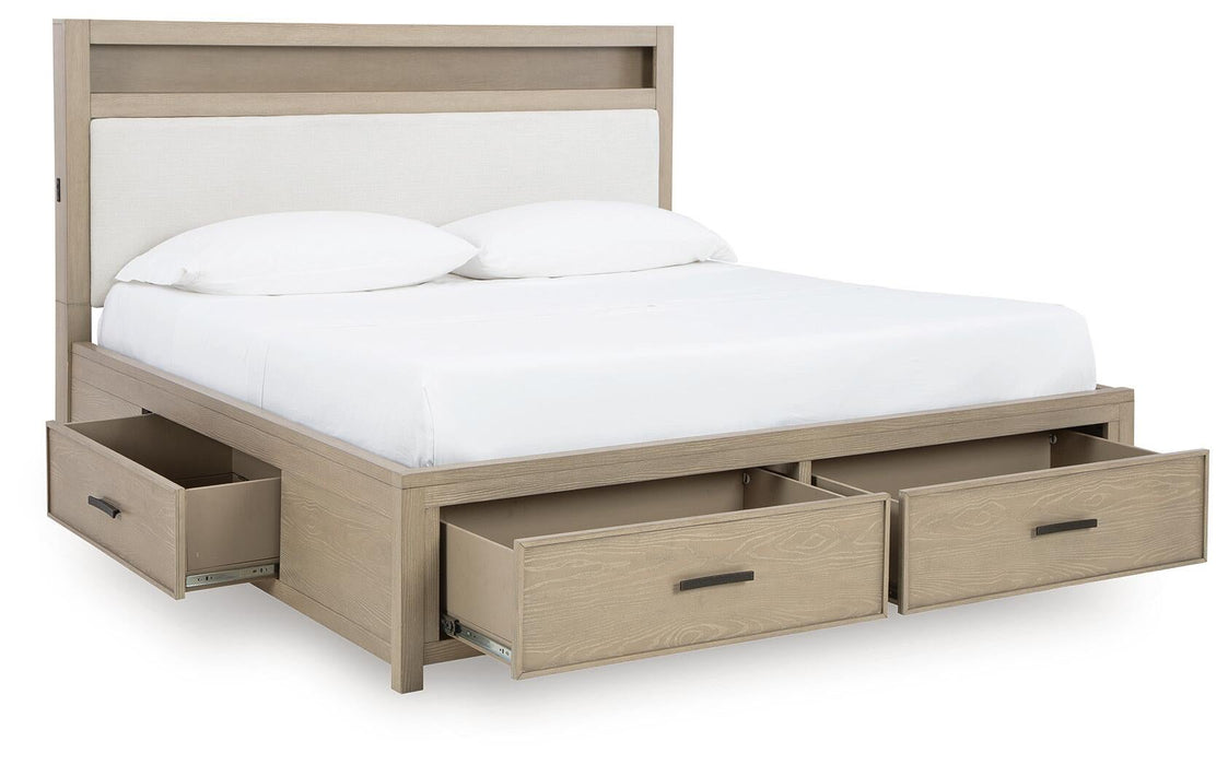 Calmoro California King Bookcase Bed with Mirrored Dresser and Nightstand