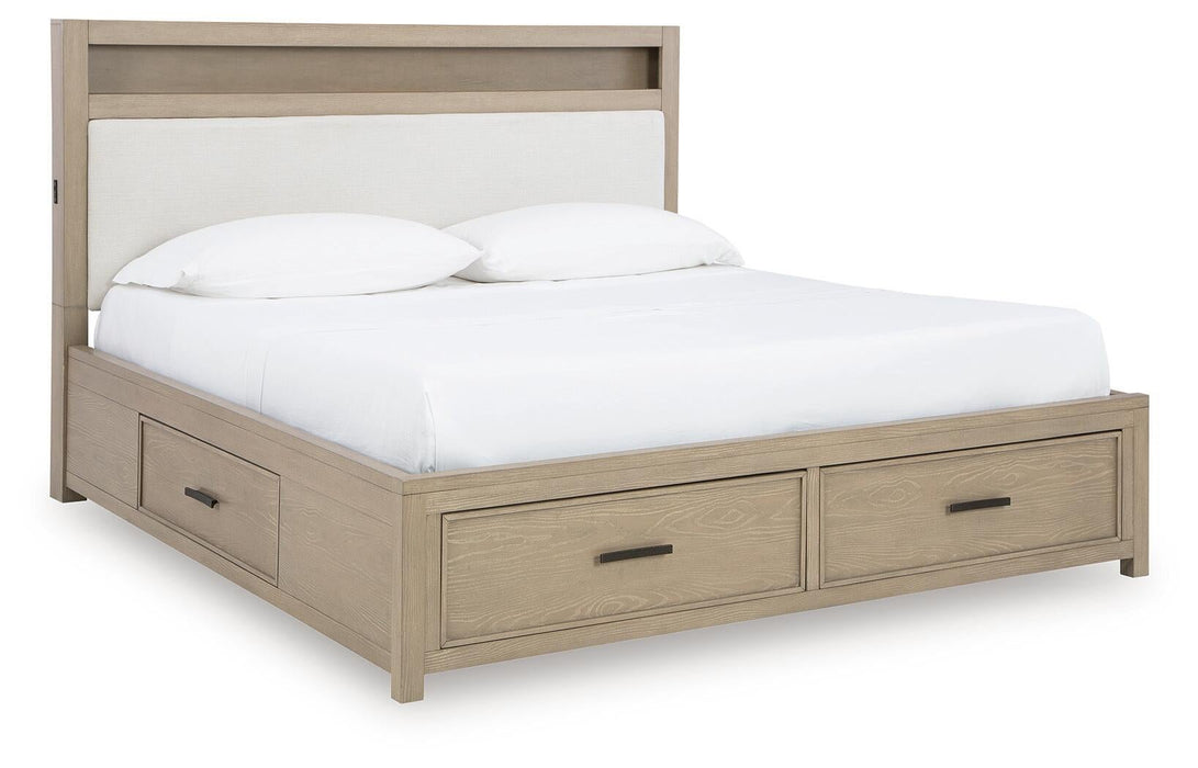 Calmoro California King Bookcase Bed with Mirrored Dresser and Nightstand