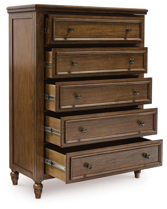 Sturlayne Queen Upholstered Panel Bed, Dresser, Mirror, Chest and Nightstand