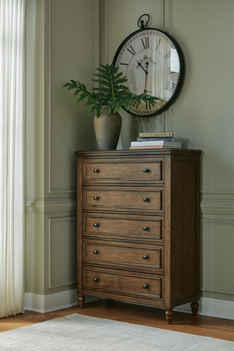 Sturlayne Queen Upholstered Panel Bed, Dresser, Mirror, Chest and Nightstand