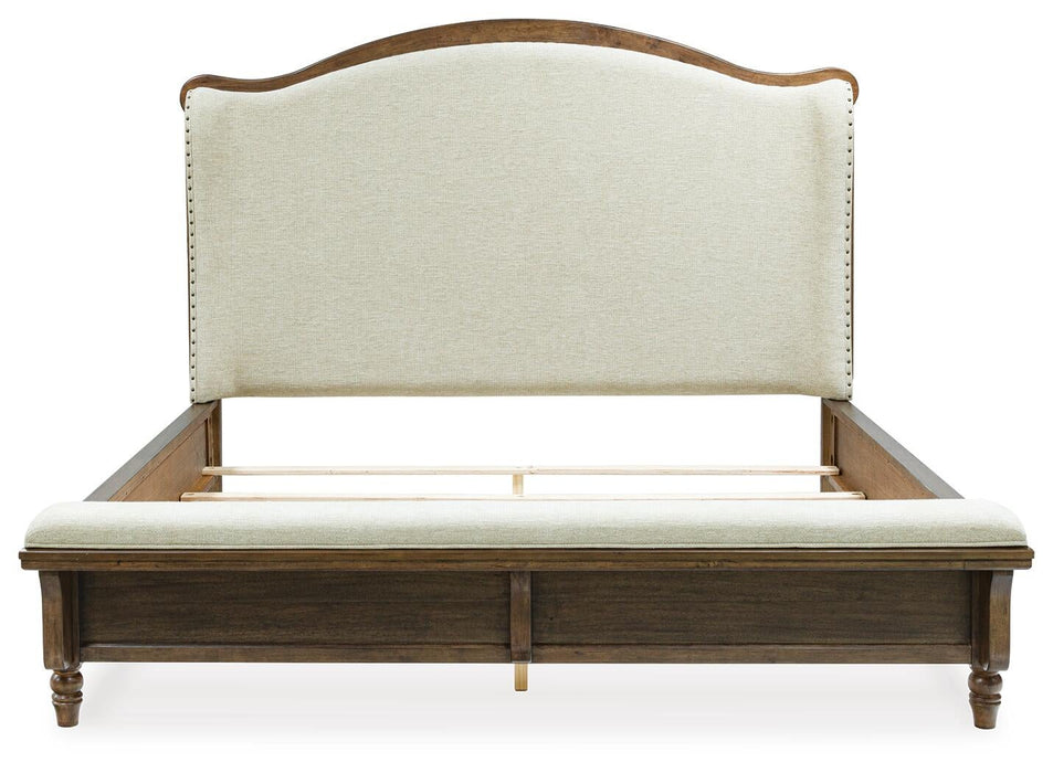 Sturlayne Queen Upholstered Panel Bed, Dresser and Mirror