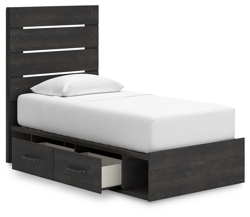 Delmorta Twin Panel Bed with Storage, Dresser and Mirror