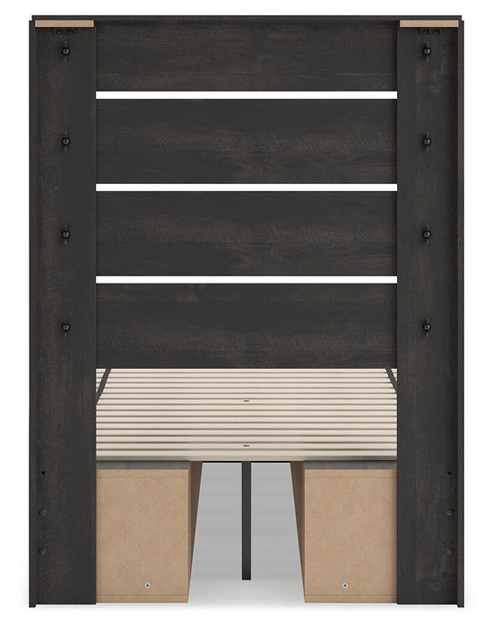 Delmorta Twin Panel Bed with Storage, Dresser and Mirror