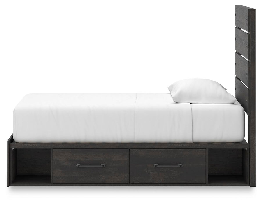 Delmorta Twin Panel Bed with Storage, Dresser and Mirror