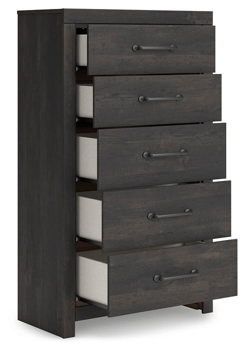 Delmorta Full Panel Storage Bed, Dresser, Mirror, Chest and Nightstand