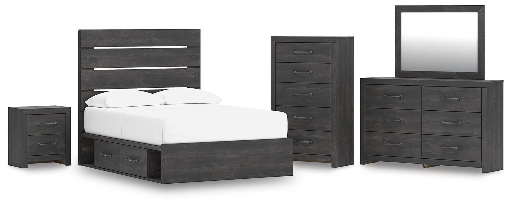 Delmorta Full Panel Storage Bed, Dresser, Mirror, Chest and Nightstand