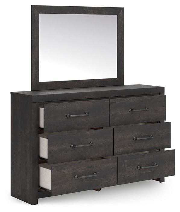 Delmorta King Panel Bed, Dresser, Mirror, Chest and Nightstand