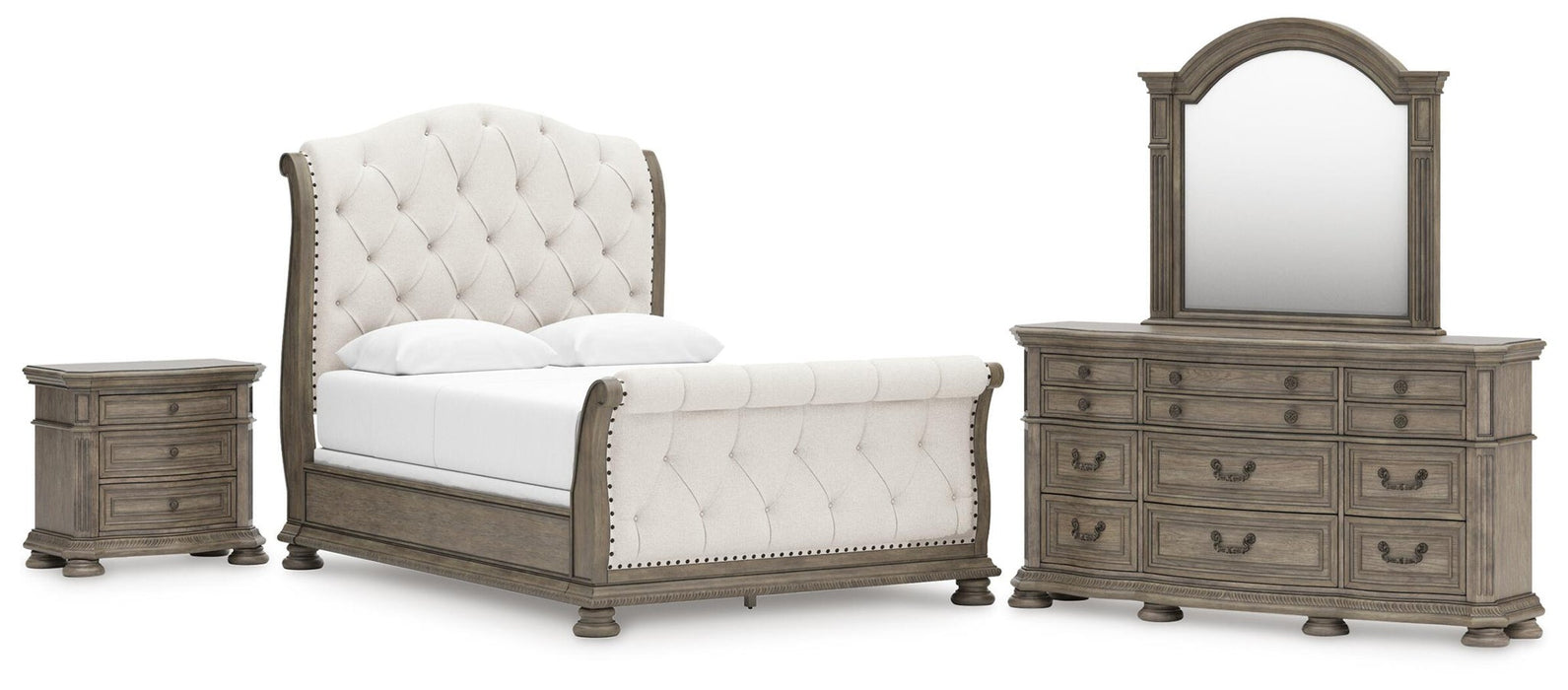 Ardenfield Queen Upholstered Sleigh Bed, Dresser, Mirror and Nightstand