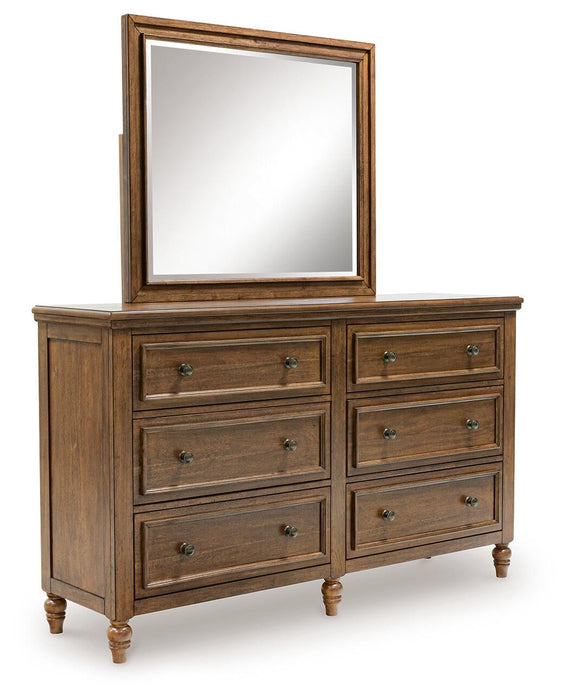 Sturlayne King Upholstered Panel Bed, Dresser, Mirror and Nightstand