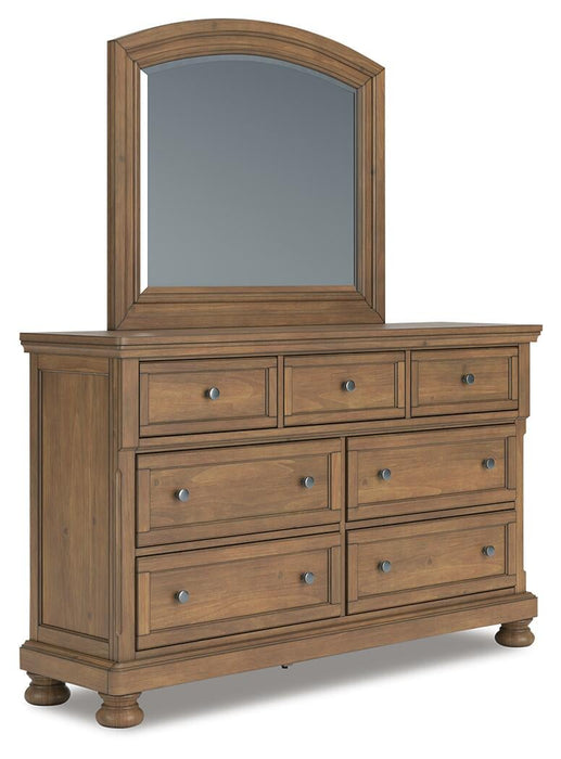 Vandenmore California King Storage Sleigh Bed with Mirrored Dresser and Nightstand