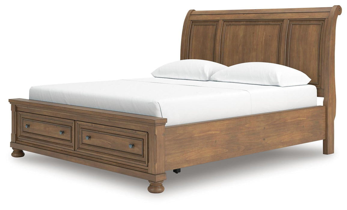 Vandenmore California King Storage Sleigh Bed with Mirrored Dresser and Nightstand