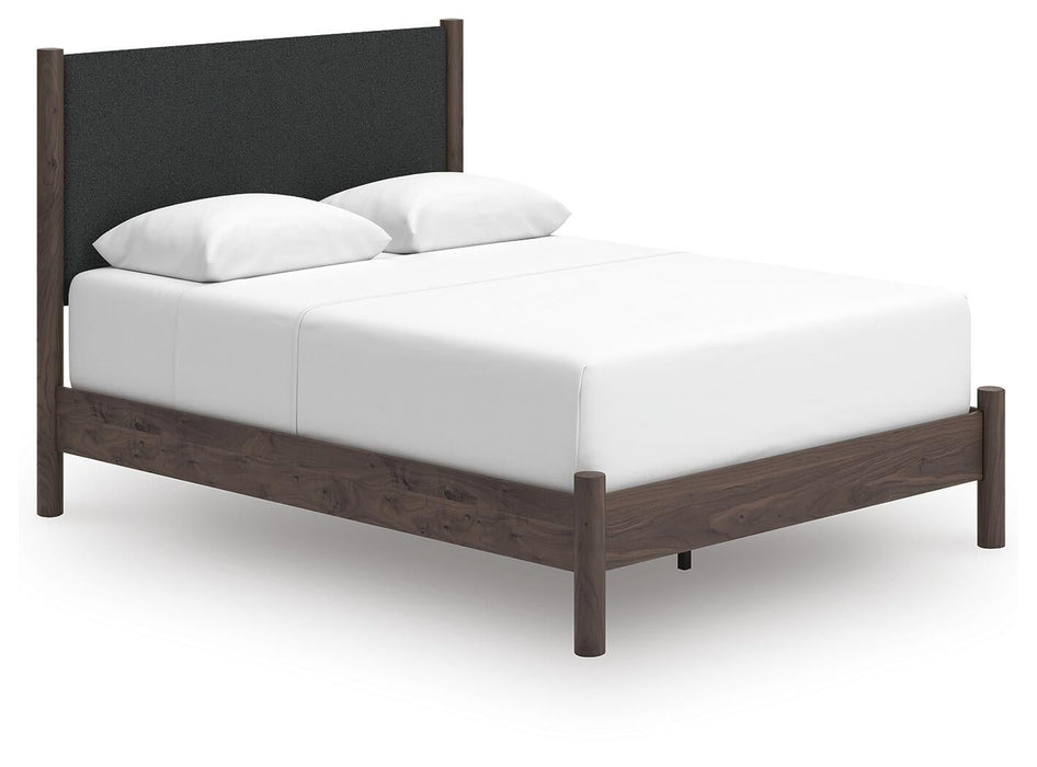 Cadmori Queen Upholstered Panel Bed, Dresser, Mirror and Nightstand