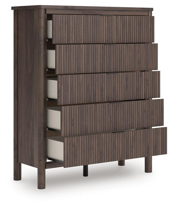 Cadmori Queen Upholstered Panel Bed, Dresser, Mirror and Nightstand