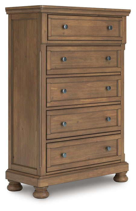 Vandenmore Queen Storage Sleigh Bed with Mirrored Dresser, Chest and Nightstand