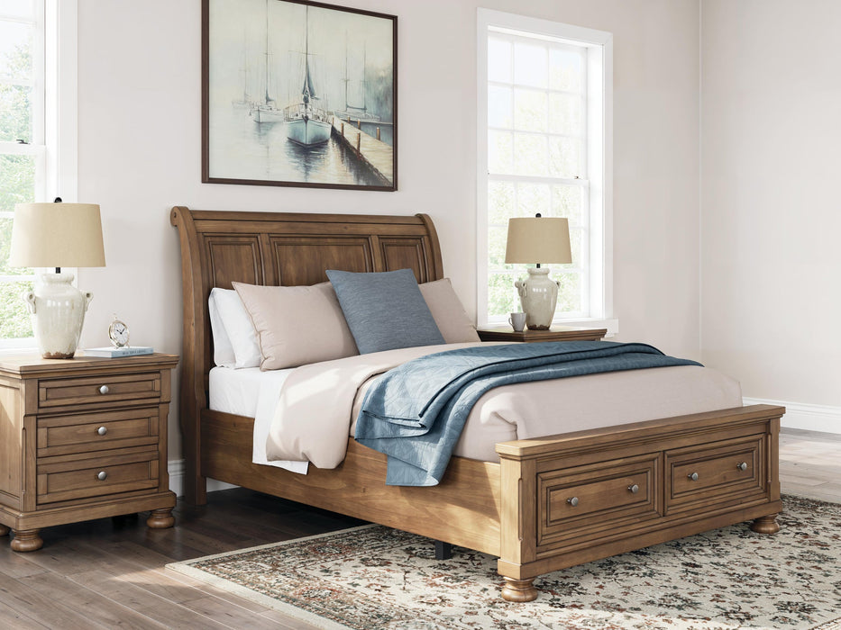 Vandenmore Queen Storage Sleigh Bed with Mirrored Dresser, Chest and Nightstand