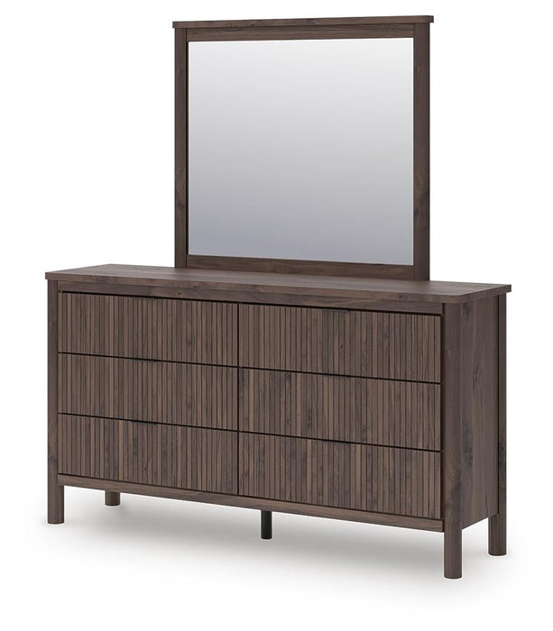 Cadmori King Upholstered Panel Platform Bed, Dresser and Mirror