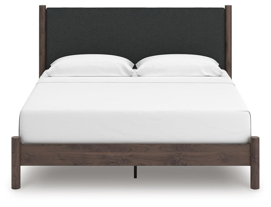 Cadmori King Upholstered Panel Platform Bed, Dresser and Mirror