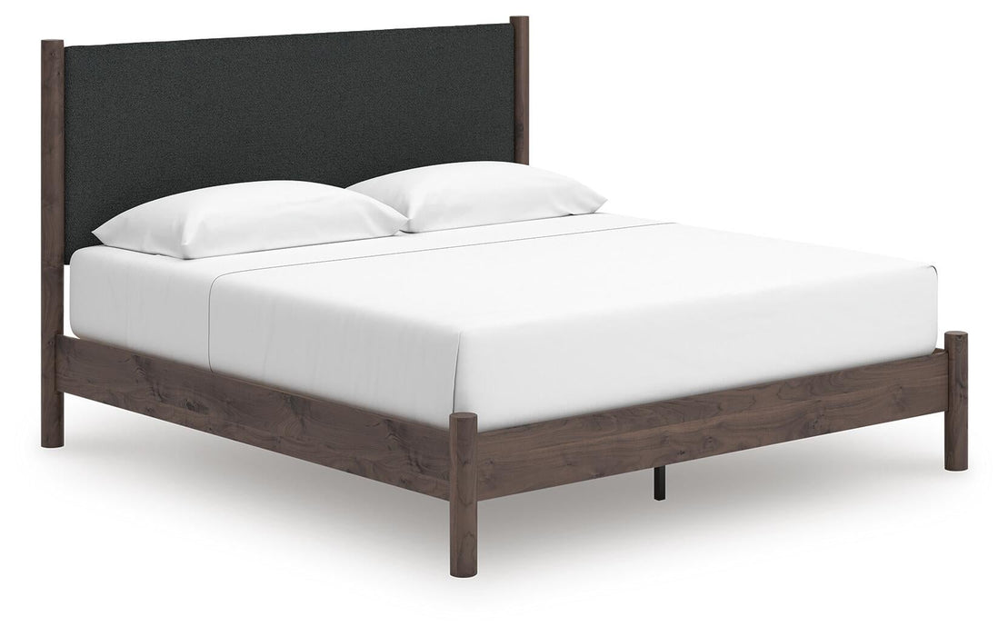 Cadmori King Upholstered Panel Platform Bed, Dresser and Mirror