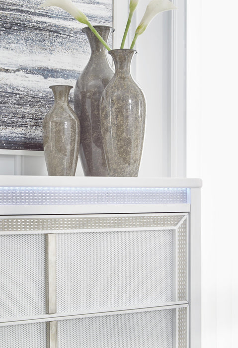 Chalanna King Upholstered Storage Bed, Dresser, Mirror, Chest and Nightstand