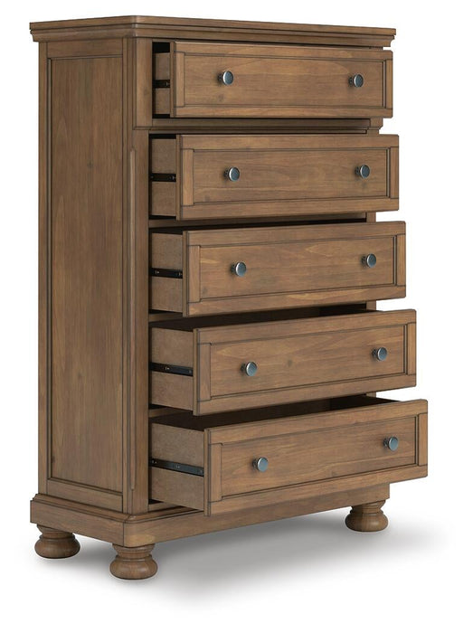 Vandenmore California King Storage Sleigh Bed with Mirrored Dresser, Chest and Nightstand