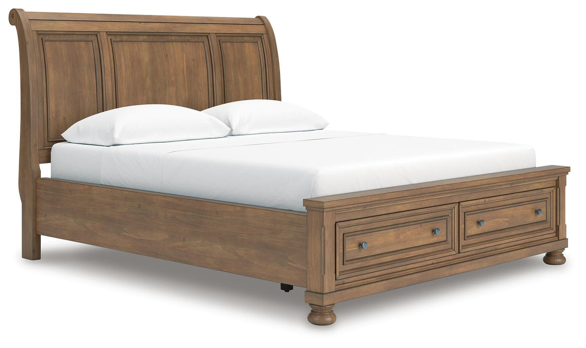 Vandenmore California King Storage Sleigh Bed with Mirrored Dresser, Chest and Nightstand